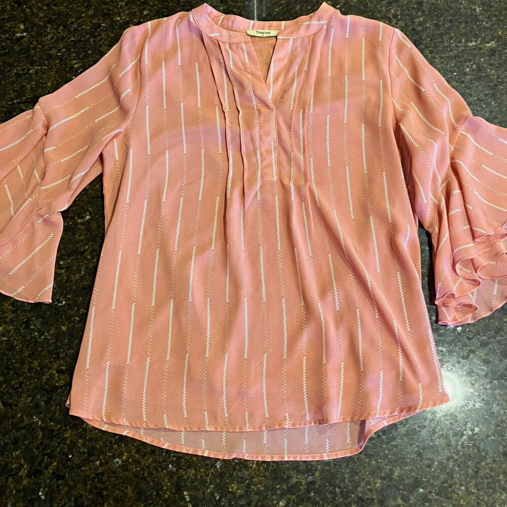 Women's Timeson Pink White Striped Ruffle 3/4 Sleeve Round Neck Blouse M
